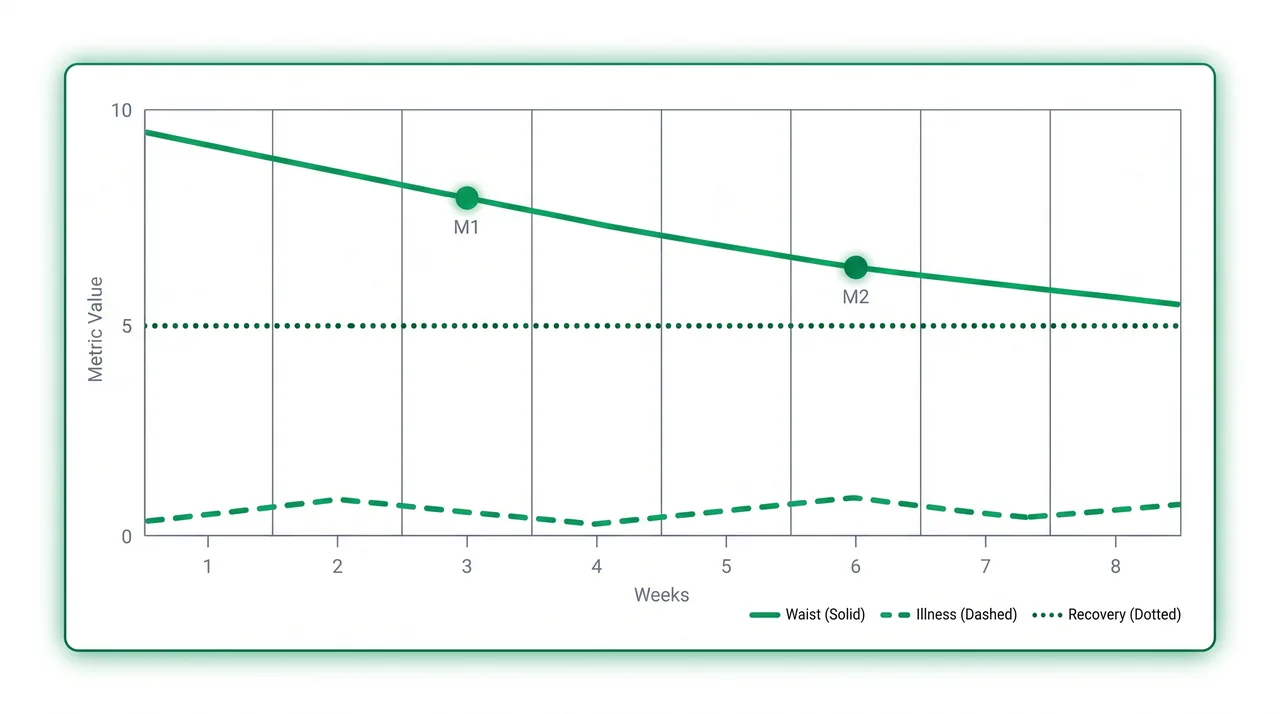 Line chart of 8-week results showing waist down, fewer sick days, flat recovery