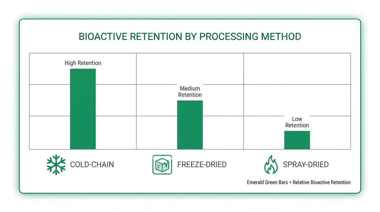 Diagram comparing bioactive retention across cold-chain, freeze-dried, and spray-dried processing