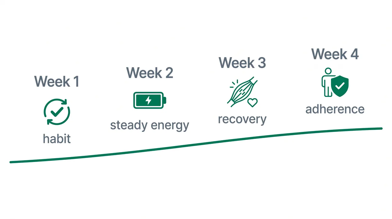 Four-week timeline showing habit, steadier energy, recovery, then adherence