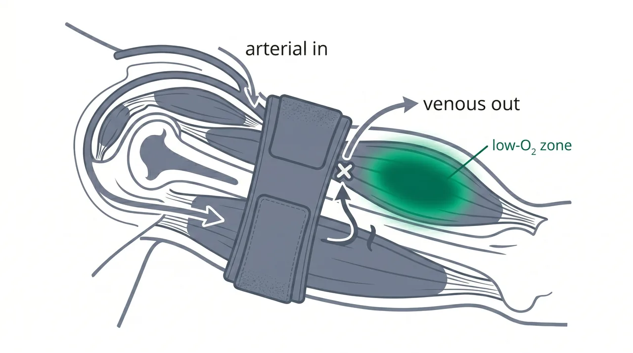 Diagram showing how a BFR cuff restricts venous outflow while allowing arterial inflow into the muscle