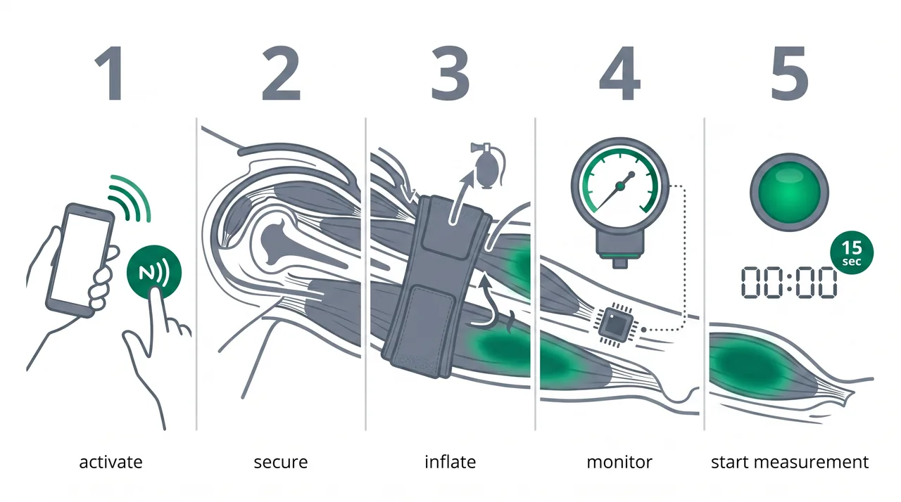 Five-step flow of the SAGA 15-second auto-calibration sequence ending in a green training-ready light