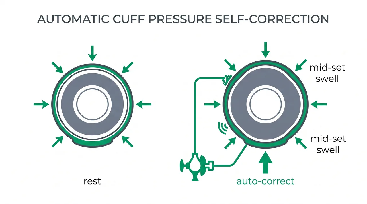 Diagram showing how the cuff detects pressure drift as muscle swells and adds inflation to hold target LOP