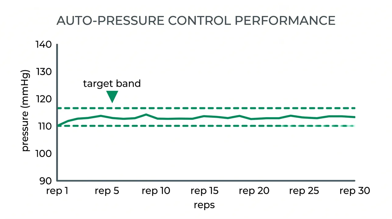 Line chart of cuff pressure across a 30-rep set staying within 6 mmHg of the target band