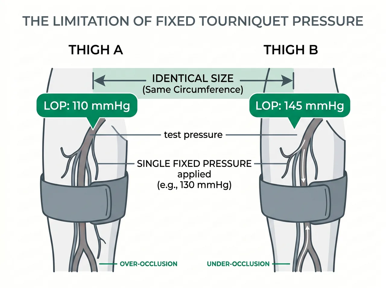 Two same-sized limbs with different LOP values showing why fixed pressure fails