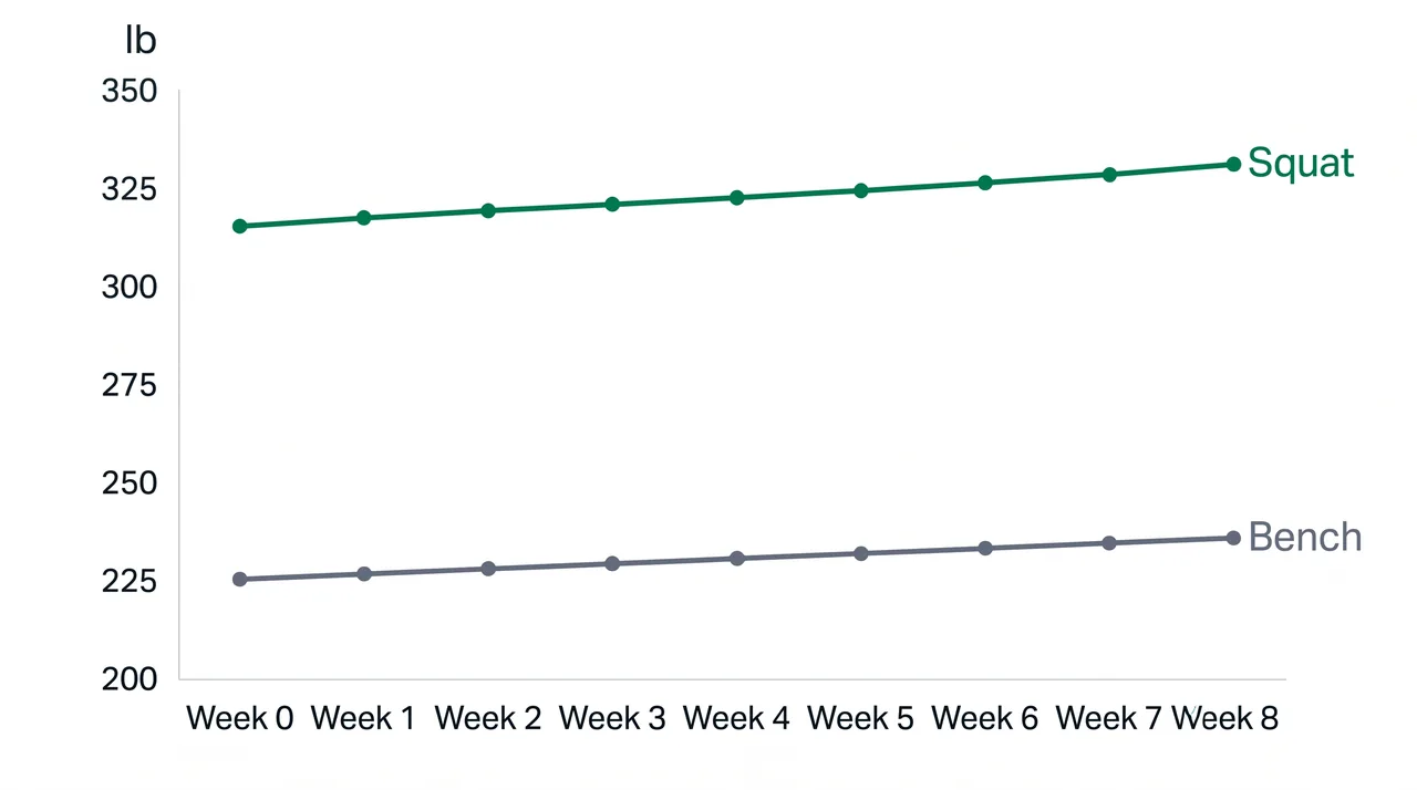 Line chart of squat and bench strength gains over an 8-week creatine test