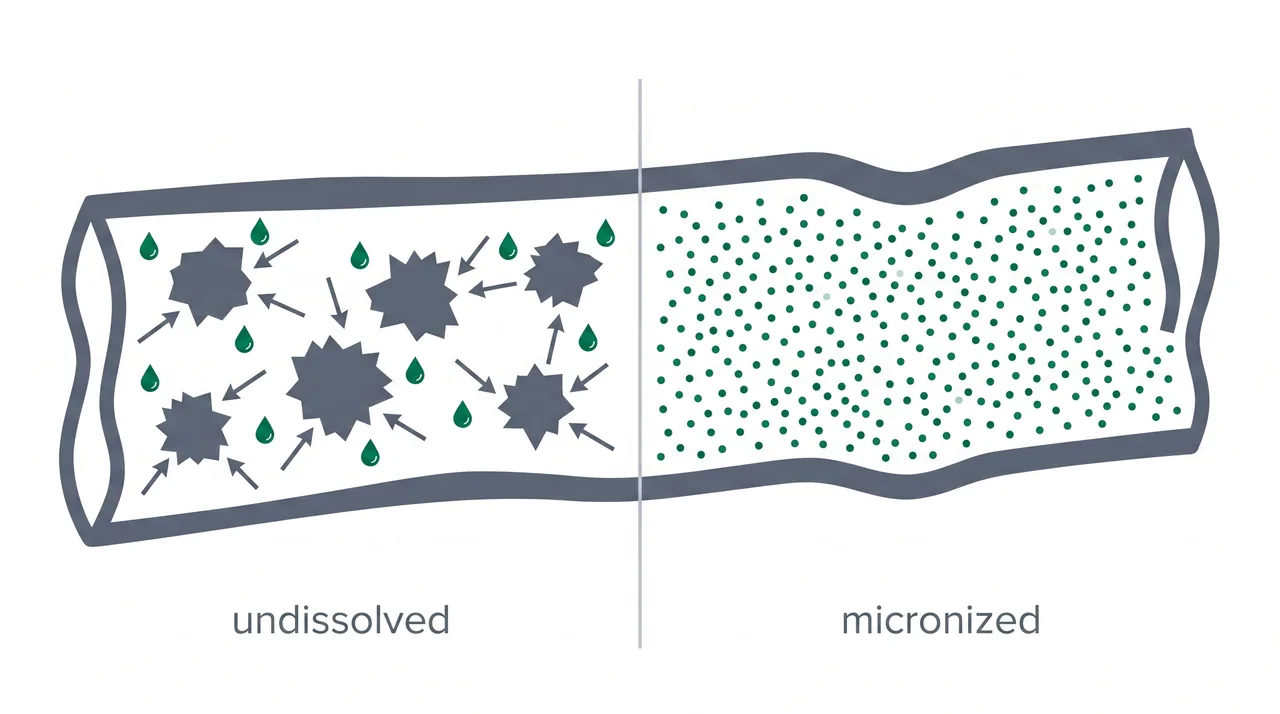 Diagram showing how undissolved versus micronized creatine particles affect the gut