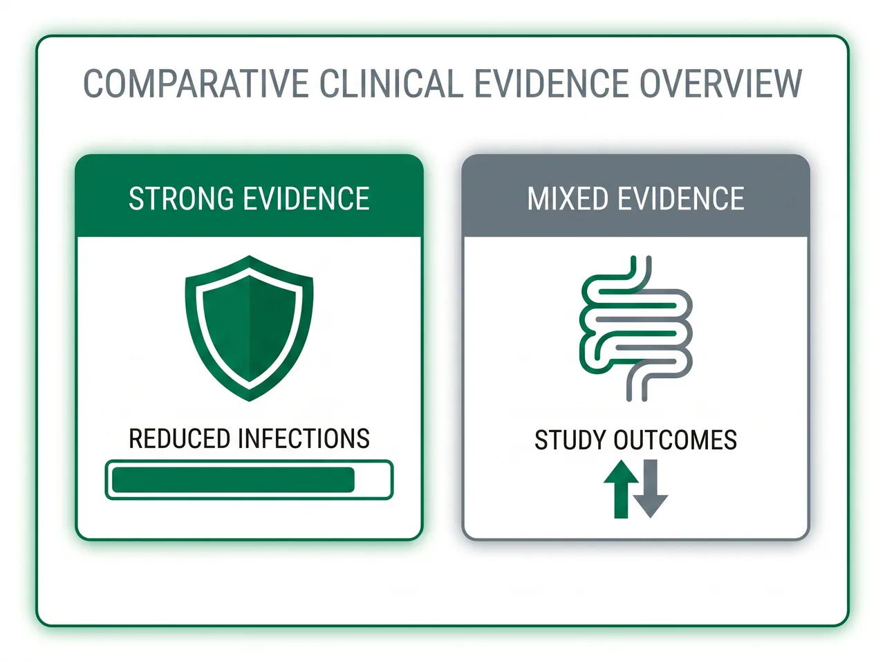 Infographic contrasting strong immune evidence versus mixed gut evidence for bovine colostrum