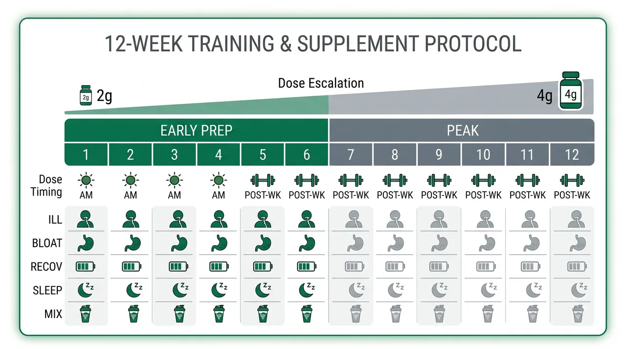 Twelve-week contest-prep testing timeline showing dose escalation and tracked metrics