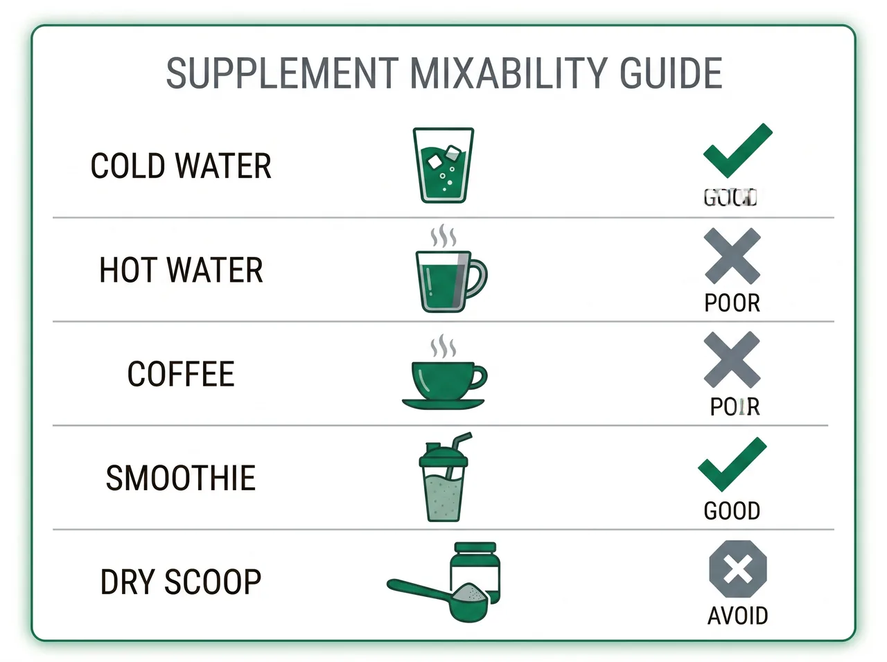 Mixability scorecard by liquid type for WonderCow colostrum
